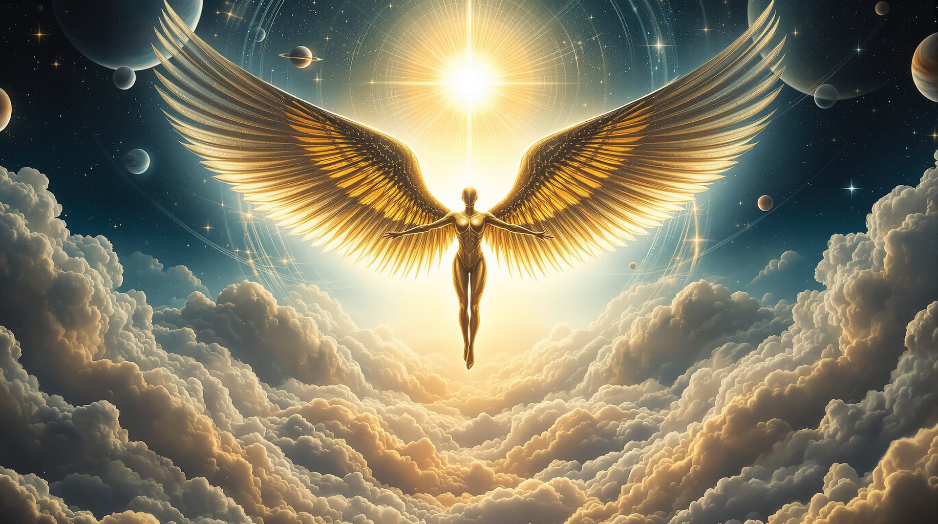 AI generated:  Image is a digital artwork featuring a futuristic, celestial scene. At the center, a humanoid figur...