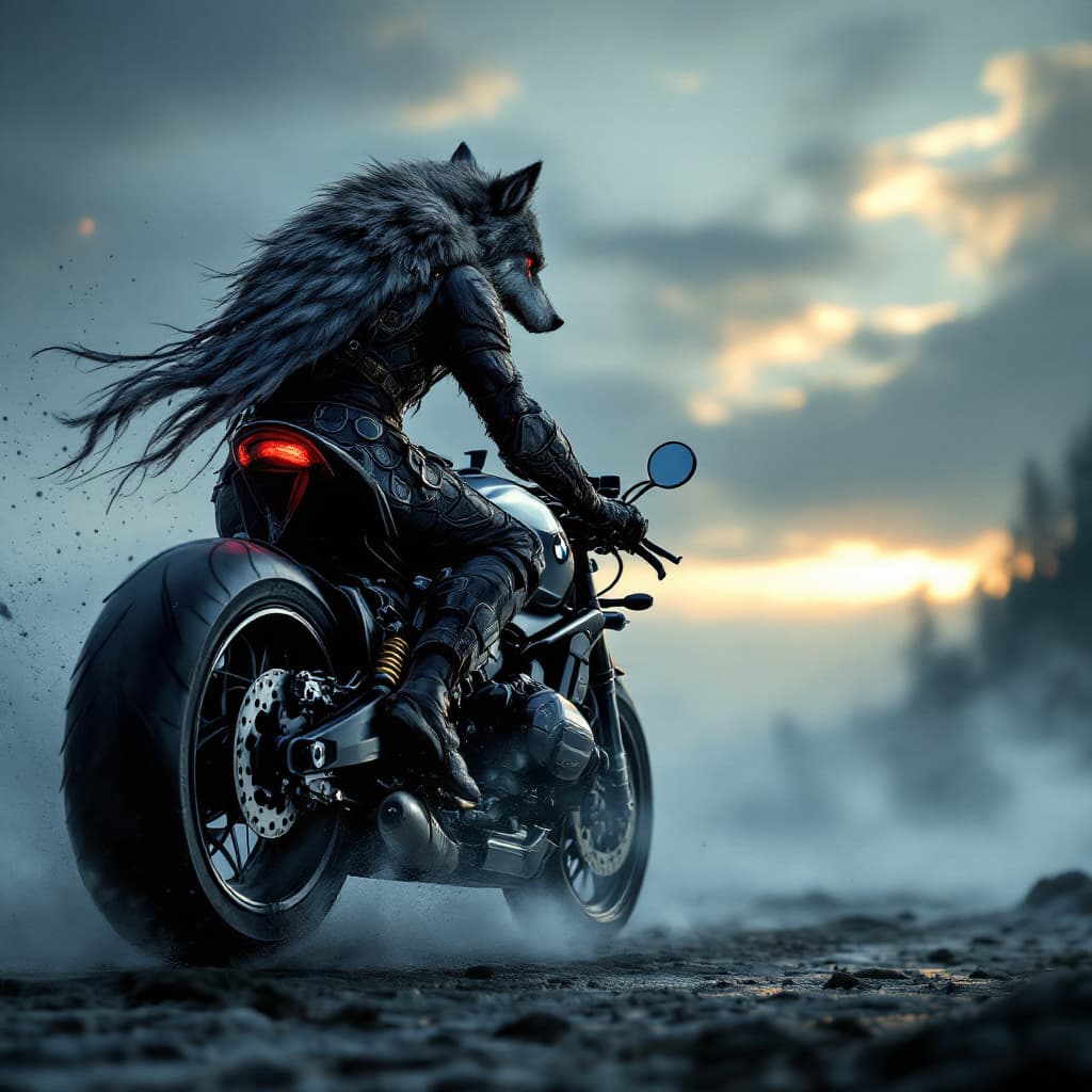 AI generated: anime, a manly warrior wolf ridding a black heavy BMW Motorcycle, cover art, dramatic light, pale su...