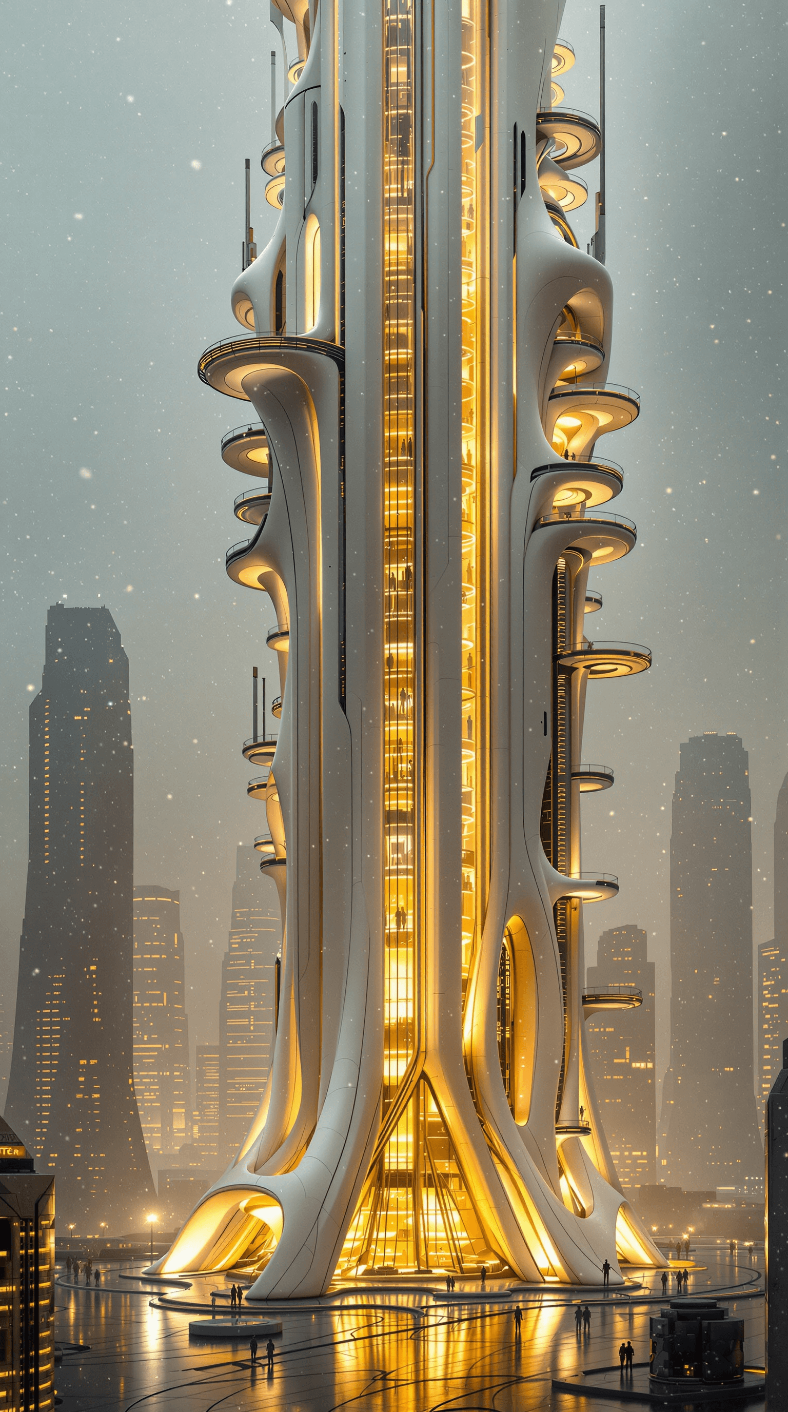 AI generated: A massive, ultra-futuristic skyscraper with an organic, aerodynamic structure that fuses advanced te...