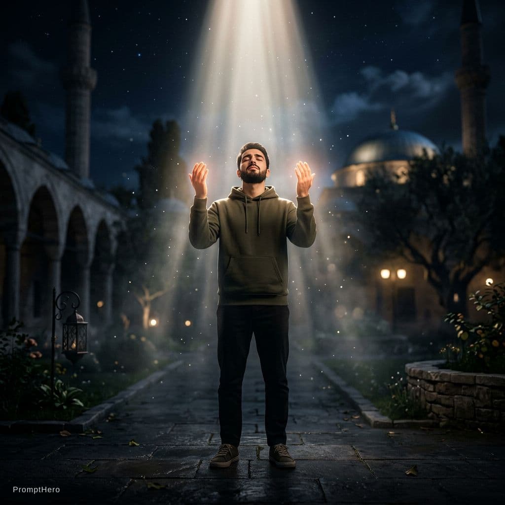 AI generated: A young modern Muslim man standing outdoors in a peaceful spiritual environment at night, wearing co...