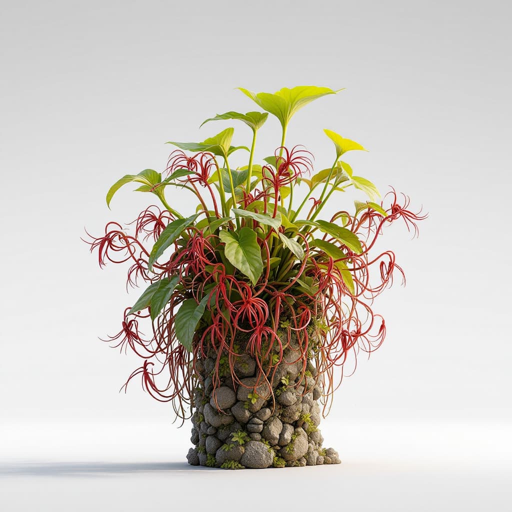AI generated: Planta carnvora drosera com tentculos espinhosos, vermela, render, rembrandt, cgsociety, artstation ...