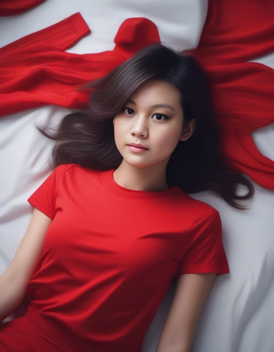 AI generated: asian woman laying on a bed in red on t shirt, in the style of karol bak, uniformly staged images, s...
