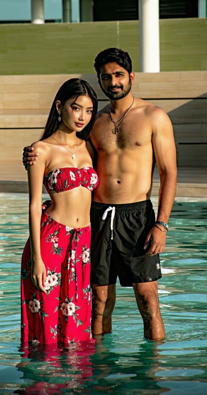 AI generated: The Women wearing a strapless floral print hot bikini bust size 22d and standing in swimming pool wi...