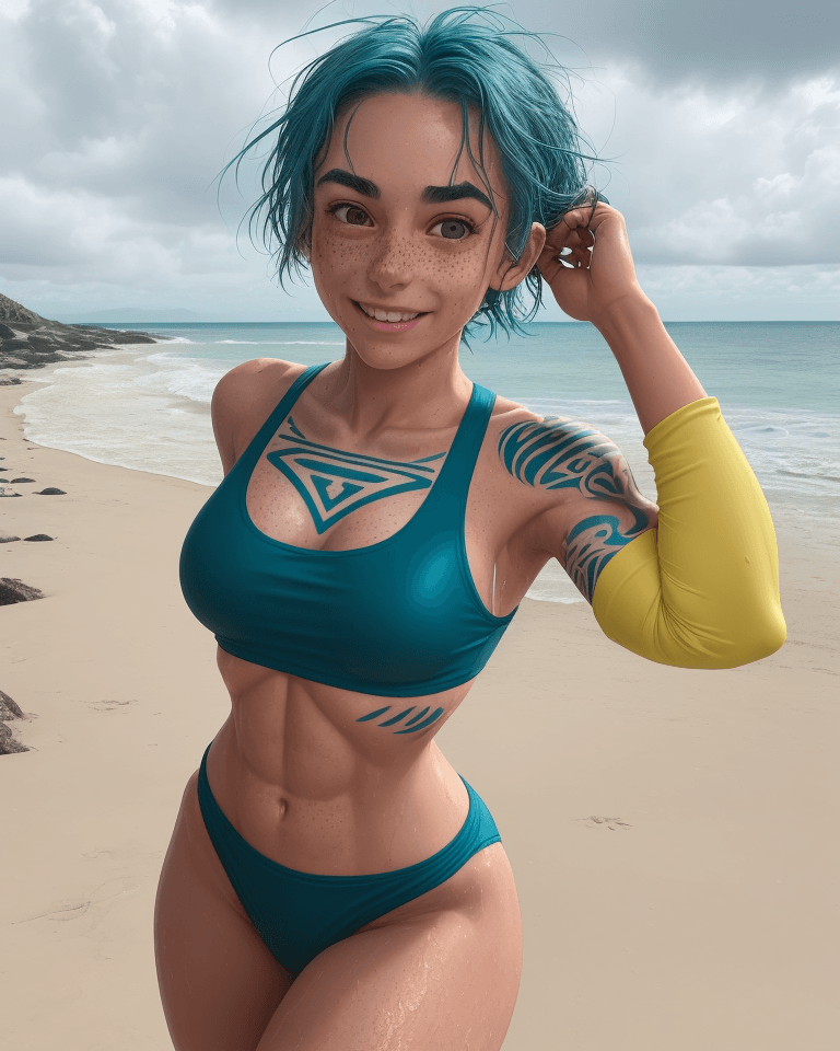 AI generated: photo of a girl, with defined abs, is going for a jog on a beach, she is wet, full view, noon, her e...