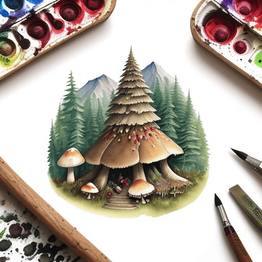 AI generated: t-shirt design with watercolor image of forest treasures like mushrooms, edible berries, drift wood,...