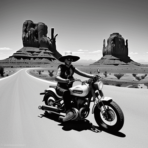 AI generated: a rider in a bobber style motorcyle with a mexican hat riding in monument valley in black and white