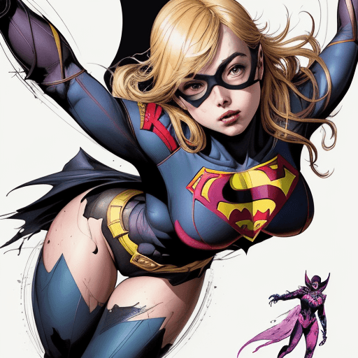 AI generated: a masterpiece, batgirl/supergirl from dc comic wearing alternate yellow costume, coy and alluring, f...