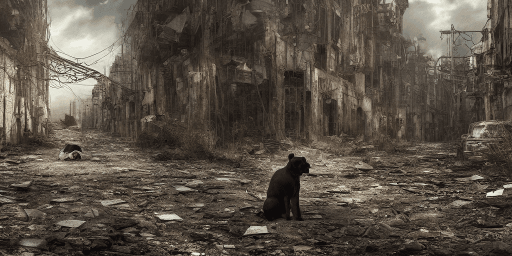 AI generated: High resolution photography, abandon city, Dystopian city, dystopia, human, slave people, war, cybor...