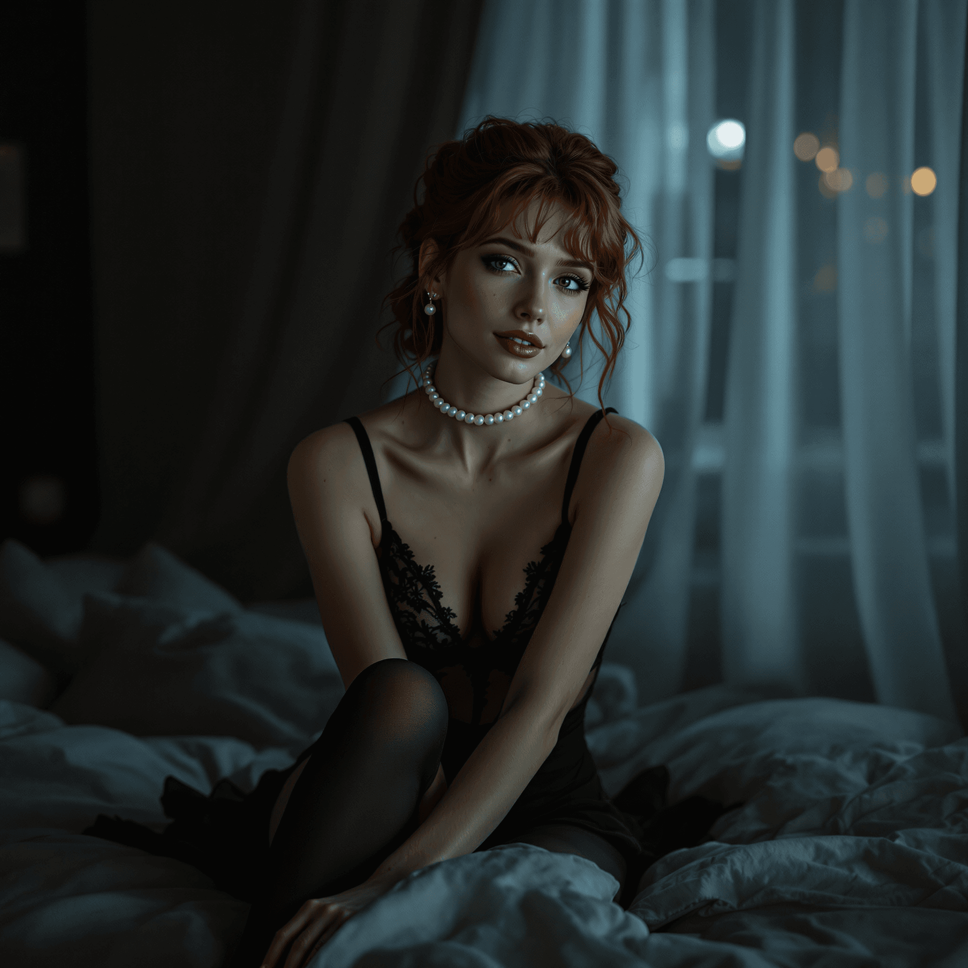 AI generated: High-resolution night photograph of a slender, 40-year-old redheaded European woman, her presence ex...