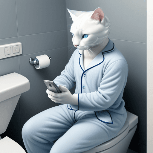 AI generated: strong dramatization, anthropomorphic real white cat wearing light blue pajamas with pattern, sittin...