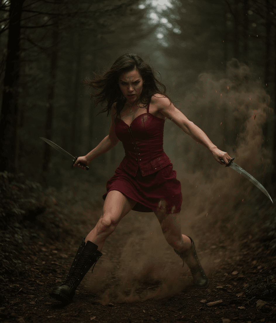 AI generated: A dynamic action shot, captured from a low angle, of a woman with long, dark, flowing hair, wearing ...