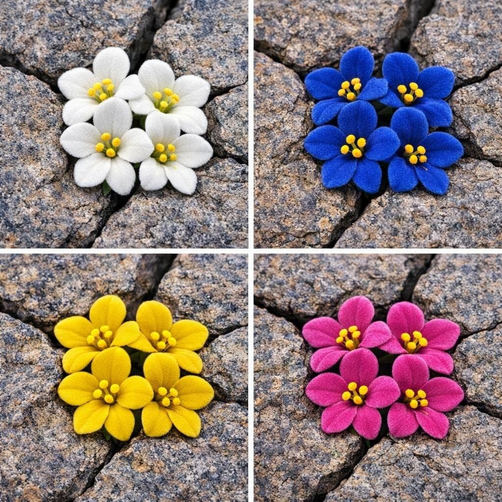 AI generated: Create a that comes in white, blue, yellow or pink flower that grows out of cracks in rocks but bloo...