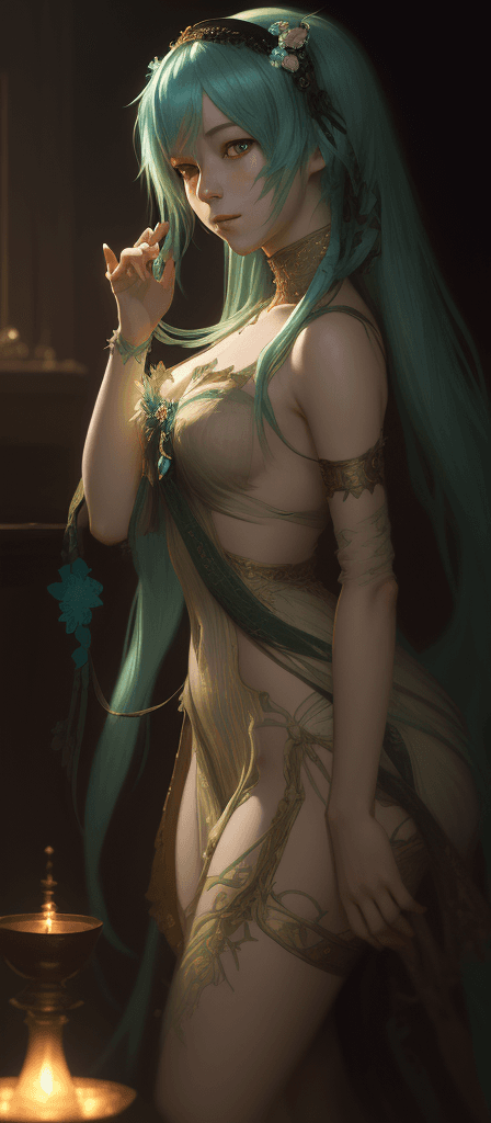 AI generated: Miku, seductive, elaborate, extremely detailed, cinematic lighting, art by anders zorn, sophie ander...