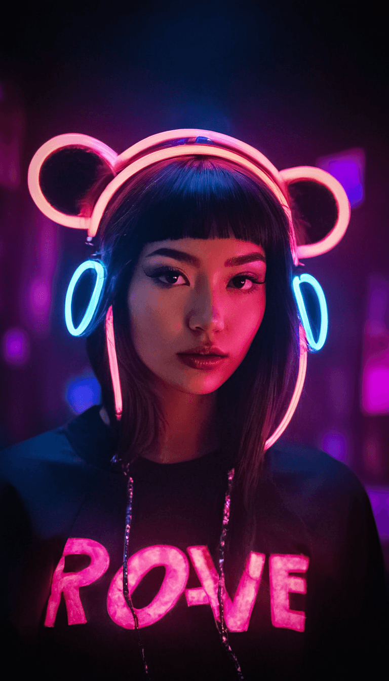 AI generated: fashion editorial, a beautiful blackhaired asian woman in abstract headphones with pink and blue neo...