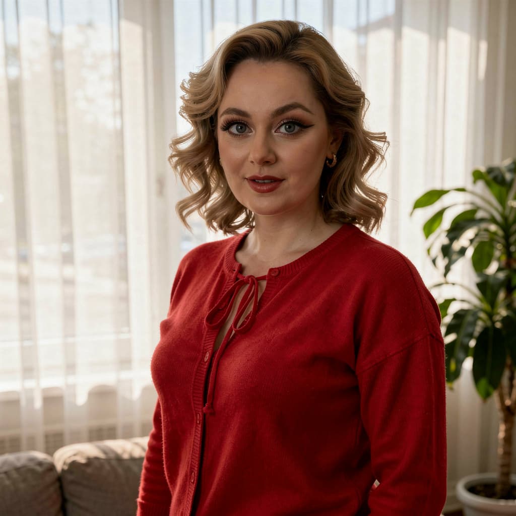 AI generated: Create a portrait of a fit adult woman wearing a red cardigan with a tie at the neckline, standing i...