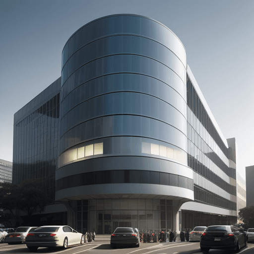 AI generated: photorealistic, canon EOS 5d, minimalistic medium scale office building, curved, geometric shaped ou...