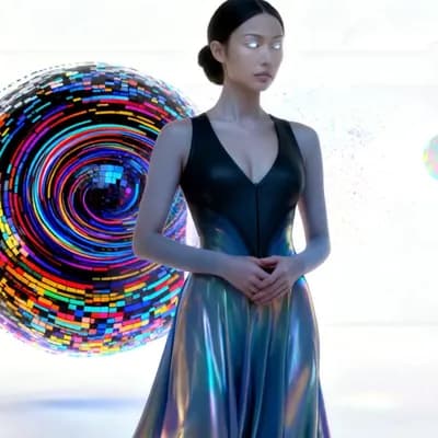AI generated video: Minimalist white chamber with a calm artificial woman standing centered in the frame, glowing white ...