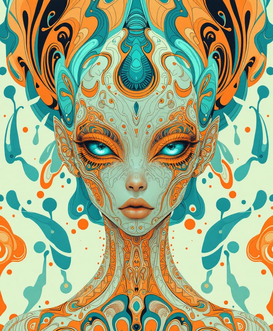 AI generated: alien art and illustration, in the style of balanced symmetry, light orange and cyan, detailed facia...