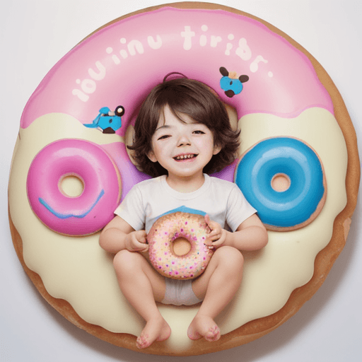 AI generated: Design a Logo of a Cute and Happy little Chibbi Boy holding a one huge and colorful doughnut in fron...