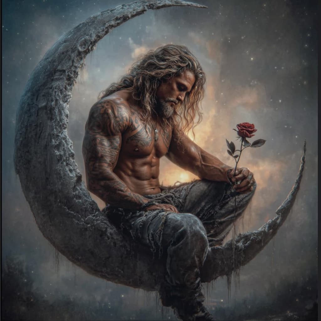 AI generated: ultra realistic artistic portrait of a masculine long-haired man sitting on a giant textured crescen...