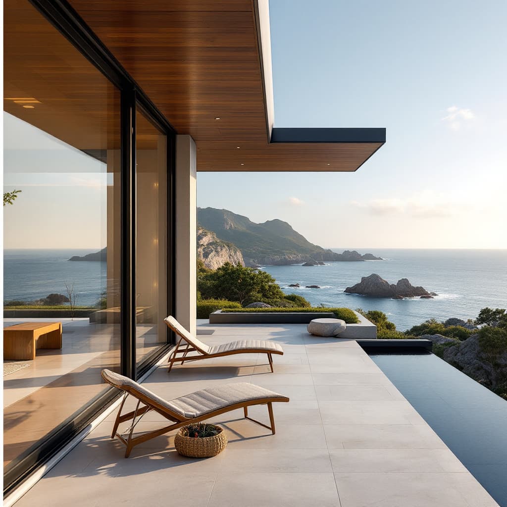 AI generated: Hyper realistic eye level exterior photo of a mid century modern style house overlooking the ocean, ...