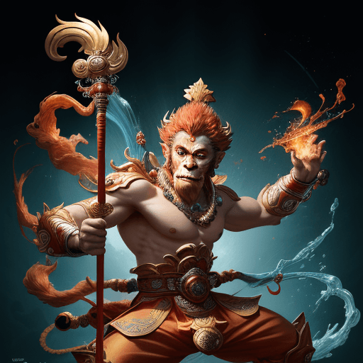 AI generated: masterpiece, concept art, mid shot, dynamic pose, centered, splash art, Sun wukong, (anthropomorphis...