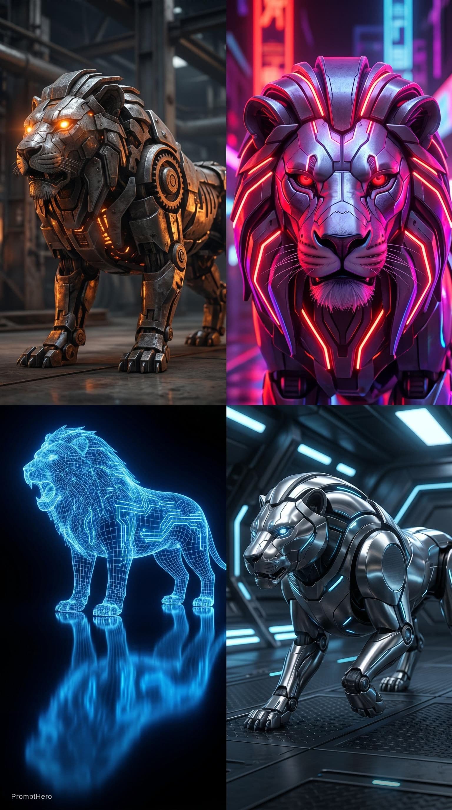 AI generated: A mechanical lion with glowing orange accents and armor plating in an industrial setting
A holograph...