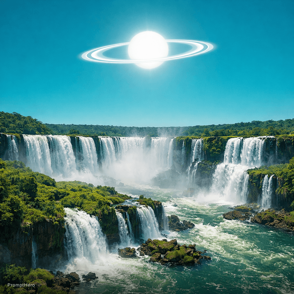 AI generated: a scenic landscape of a massive waterfall like Cataratas del Iguazú but the sky has a more teal colo...