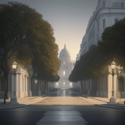 AI generated: Stunning fantasy city of scientists and magicians with white marble houses and oaks growing on the s...