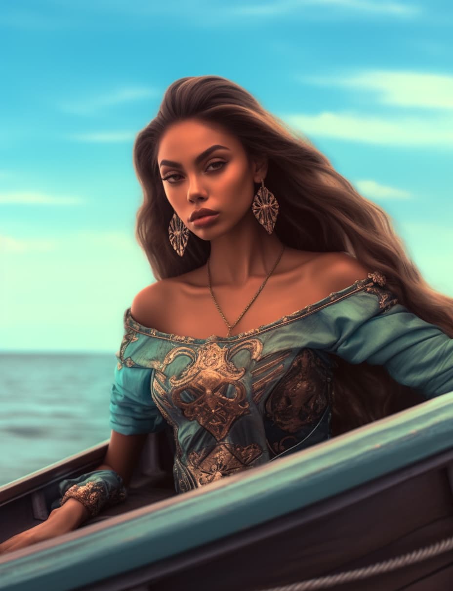 AI generated: a beautiful young woman riding on the back of a boat, by Ignacio Zuloaga, metallic cyan tight dress,...