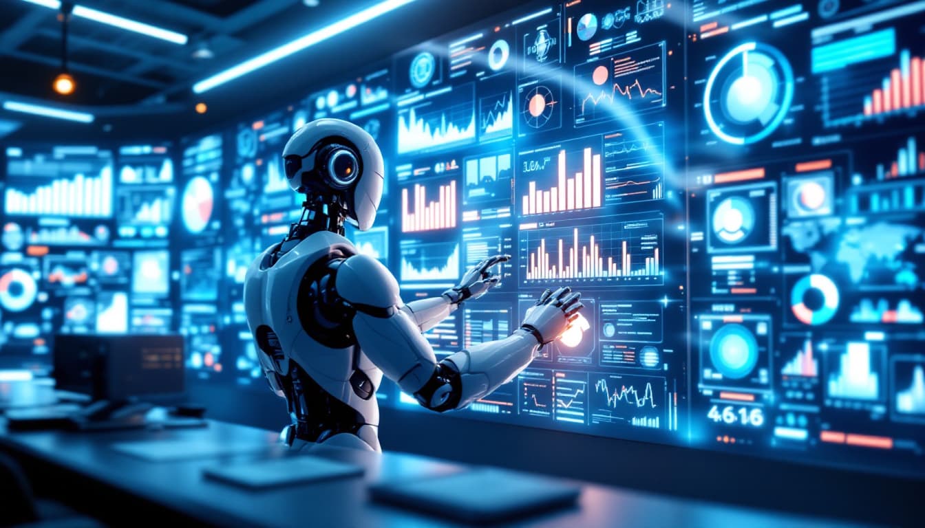 AI generated: A futuristic control room illuminated with a blue and silver glow, featuring a humanoid robot intera...