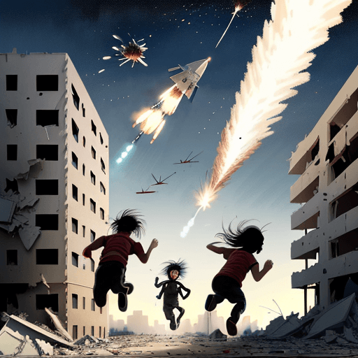 AI generated: illustration of wounded kids running from rockets falling from the sky and planes throwing rockets t...