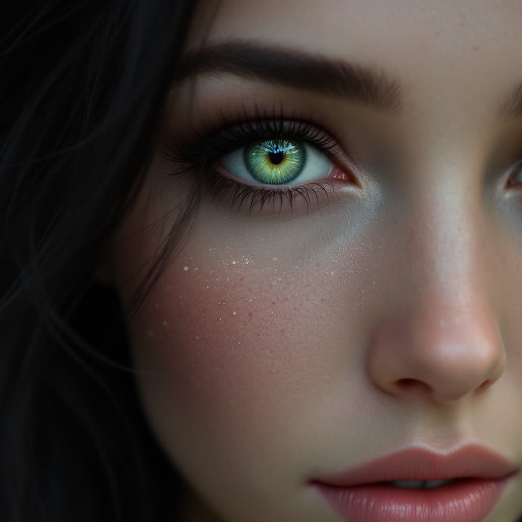 AI generated: a woman with green eyes, in the style of realism with fantasy elements, daz3d, fine art realism, mag...