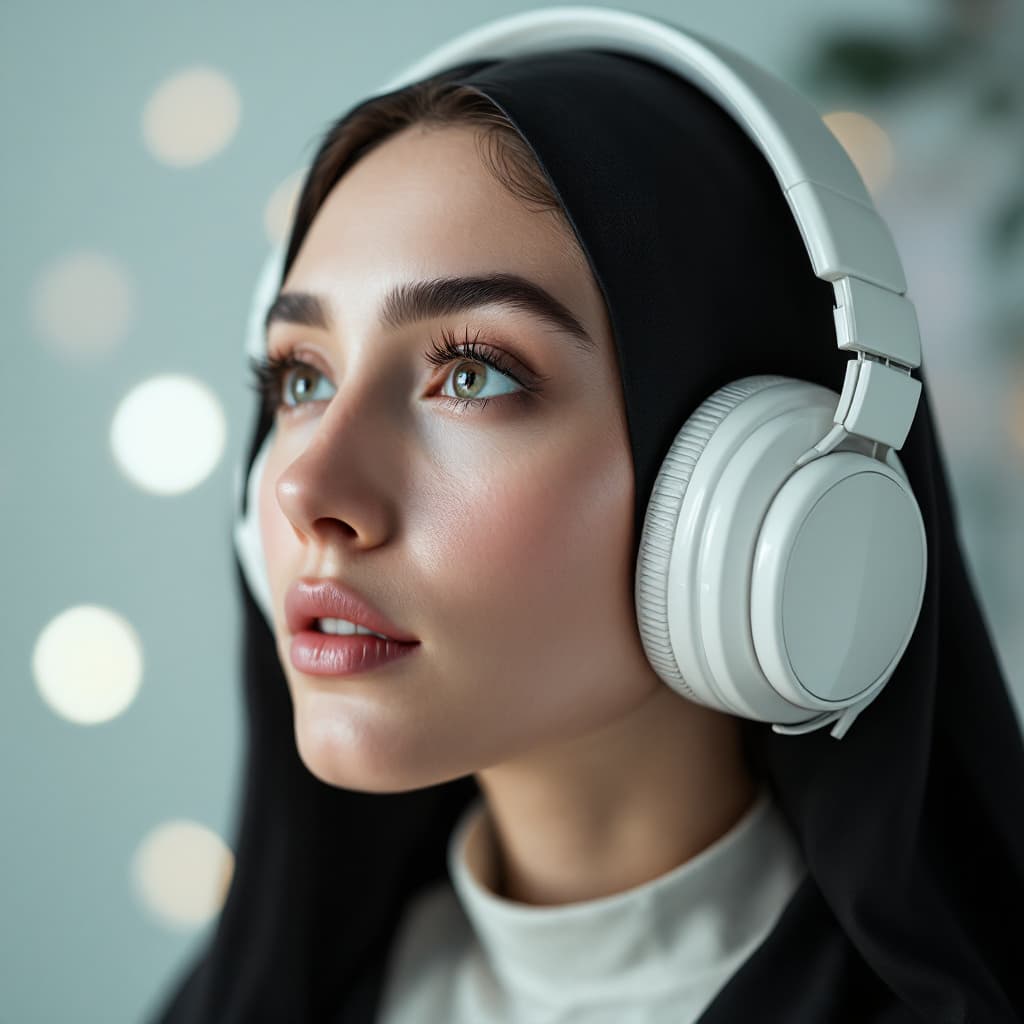 AI generated: 
nun with plastic,  white glossy vintage style headphones on , medium close up. 3d, bokeh background...