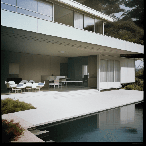 AI generated: Hyper realistic eye level exterior photo of a mid century modern style house overlooking the ocean, ...