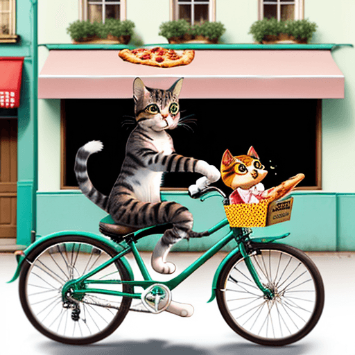 AI generated: A cat riding a bicycle with a pizza in hand