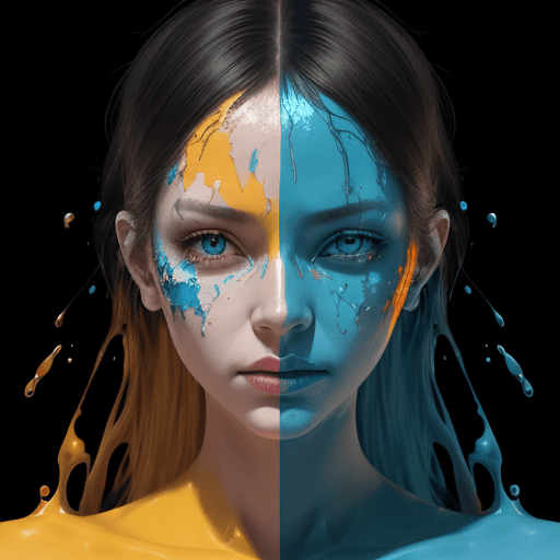 AI generated: blue and orange paint on the face of a woman, in the style of vray tracing, fluid forms, hyper-reali...