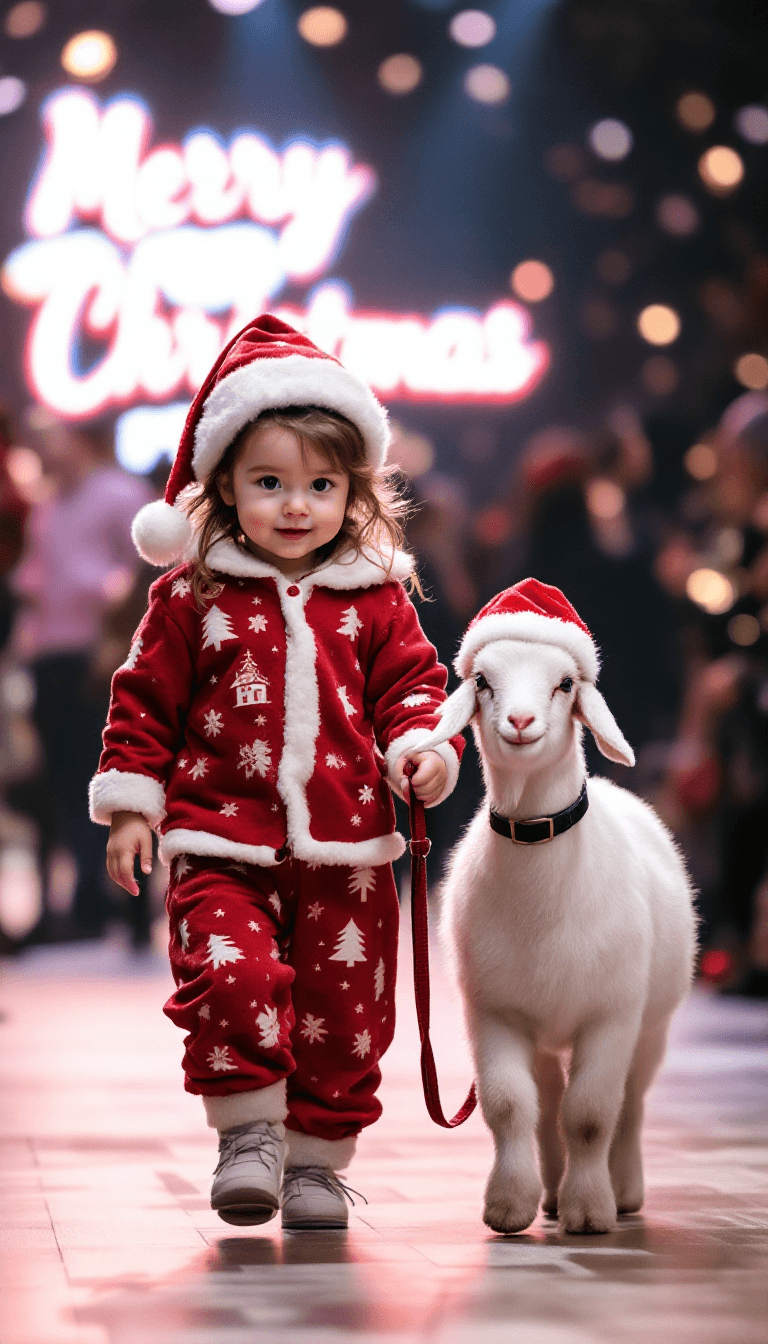 AI generated: A baby girl dressed in santa claus pajamas leads a pet manga white baby goat on a leash while walkin...