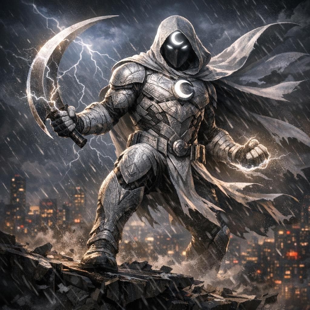 AI generated: Moon Knight — Ready for Battle
Moon Knight stands at the edge of a shattered rooftop under a storm‑l...