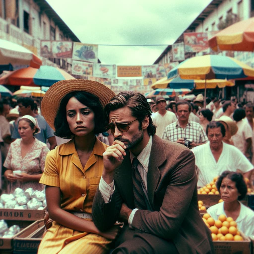 AI generated: In a sunday morning, a couple share a moment in a market, they are desolate next to each other. satu...