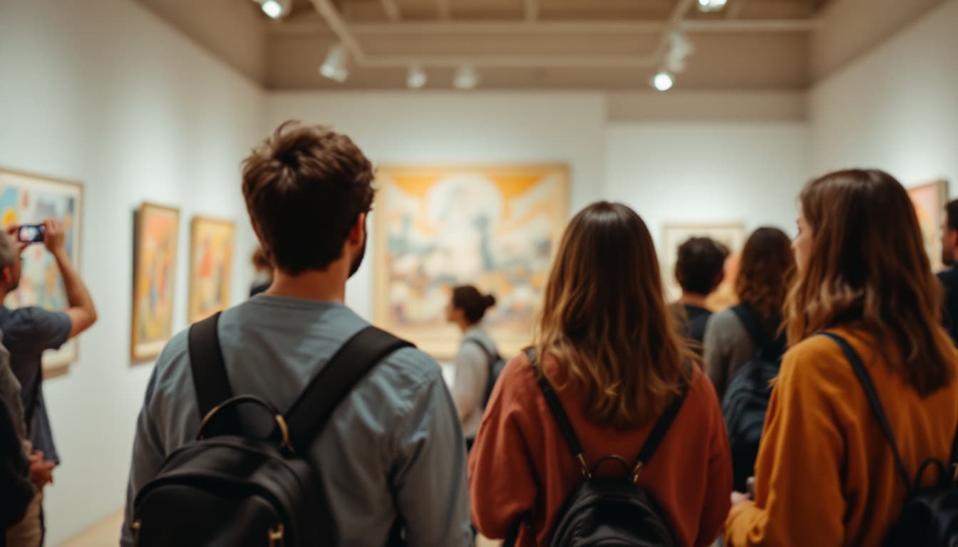 AI generated: A photograph of a company retreat doing an art gallery tour, they aare looking at the art within the...