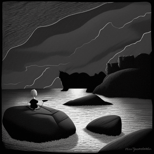AI generated: Tove Jansson black and white style : : storm, rocks, night, one cat in a kayak : : --hd