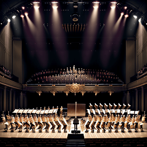 AI generated: Create a majestic and solemn stage, where a full orchestra gathers in a grandiose concert hall. Soft...
