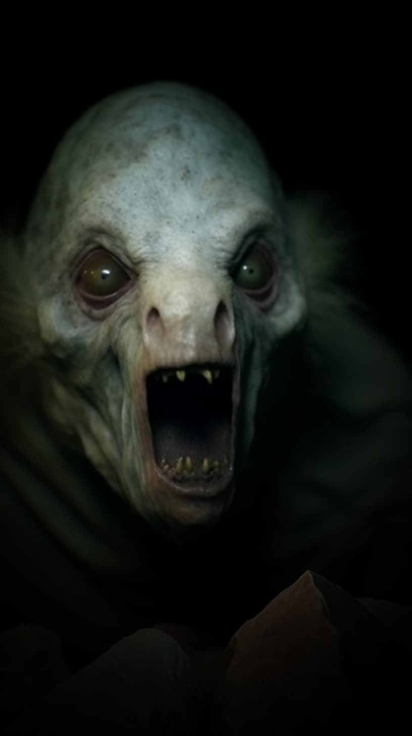 AI generated: Scary creature, flat snout, yellow eyes, horror, dark and haunting, hyperrealism, ultra-detailed, 8k...