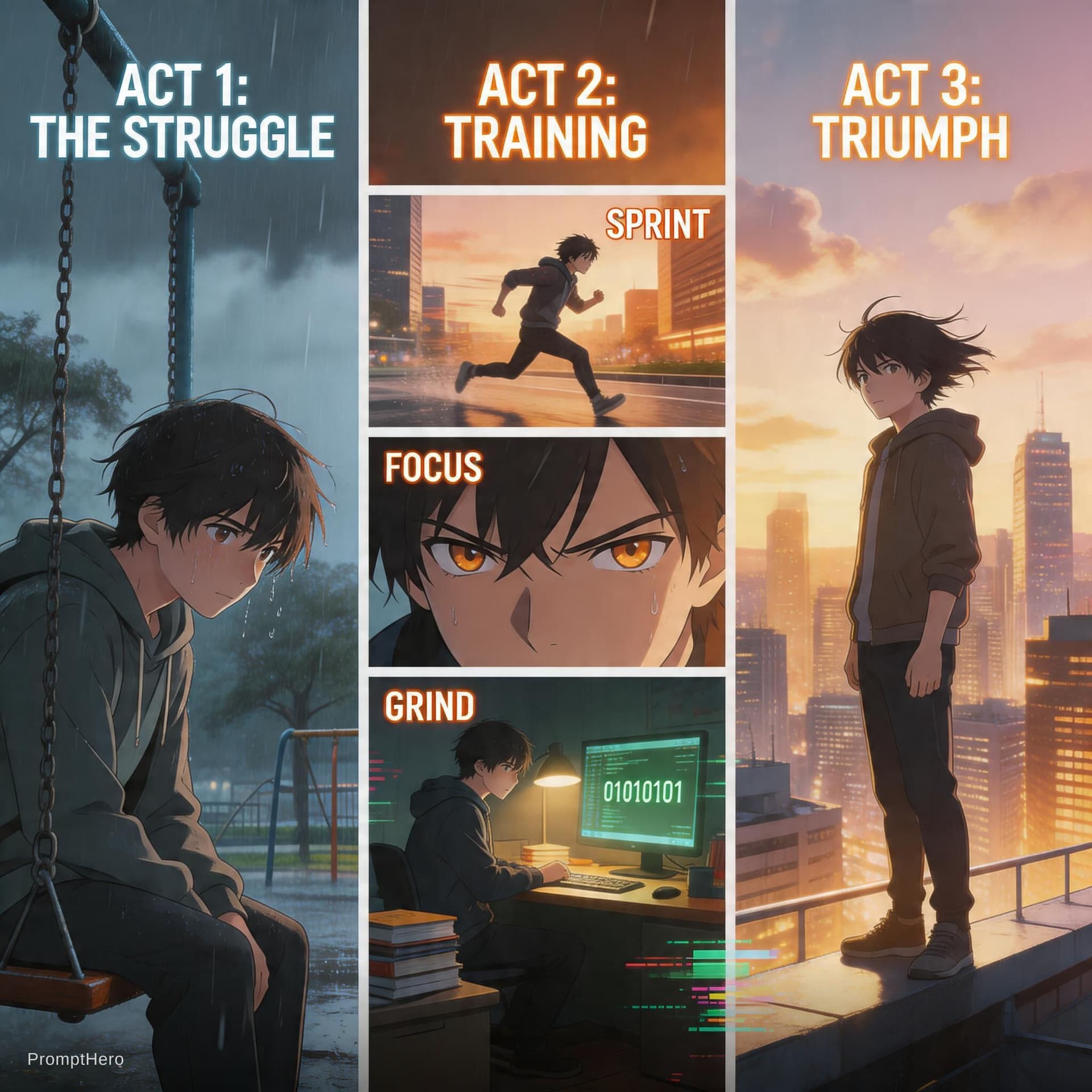 AI generated: A visually stunning, high-octane anime montage detailing a journey from failure to ultimate triumph,...
