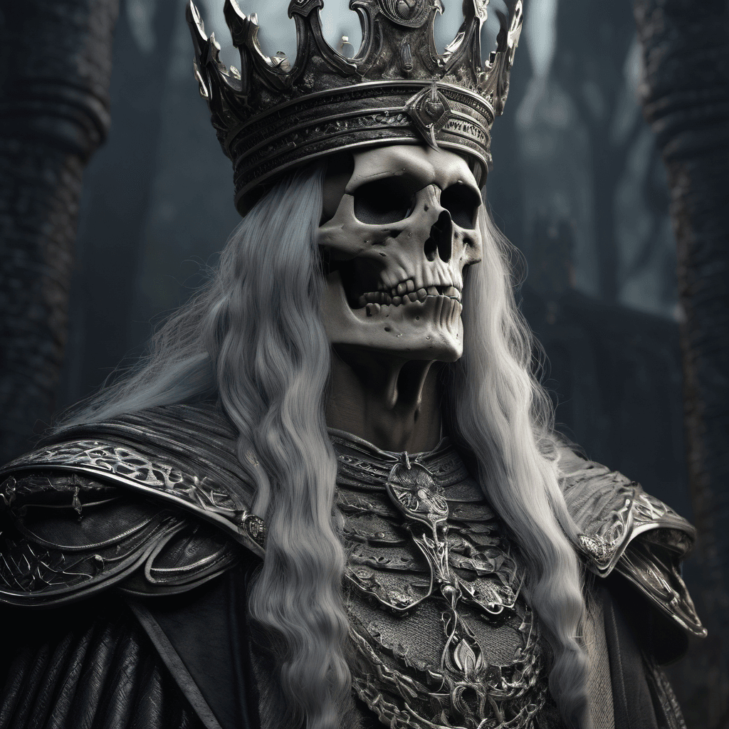 AI generated: a portrait of a creepy skeleton king with a long gray hair, gray, proud pose, ultra quality, dark fa...
