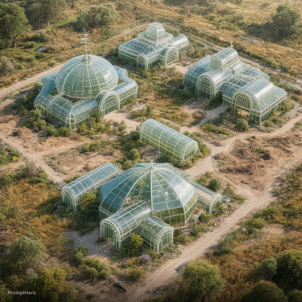 AI generated: Photorealistic aerial drone view of a large untouched plot designated for a future botanical garden ...