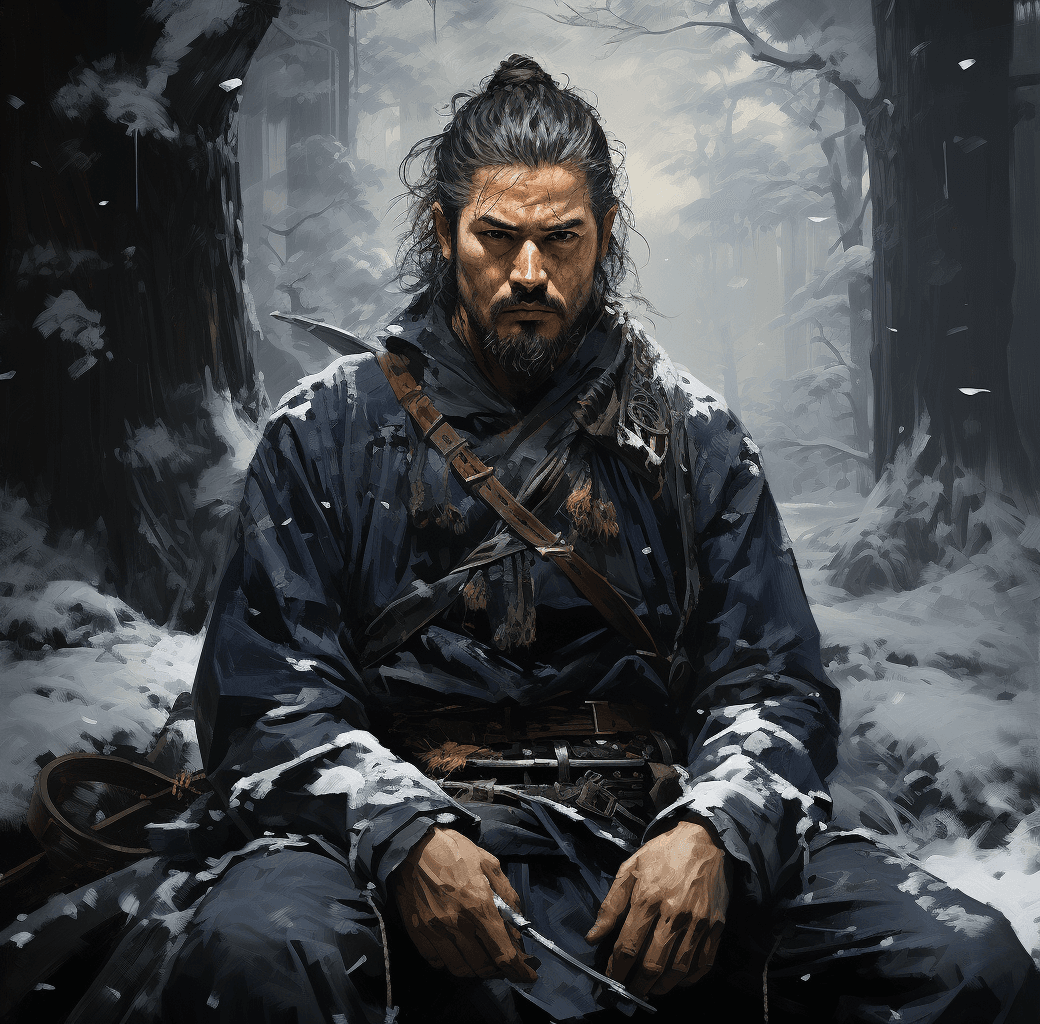 AI generated: a samurai in the snow with swords in his hands, holding in the snow, in the style of realistic fanta...
