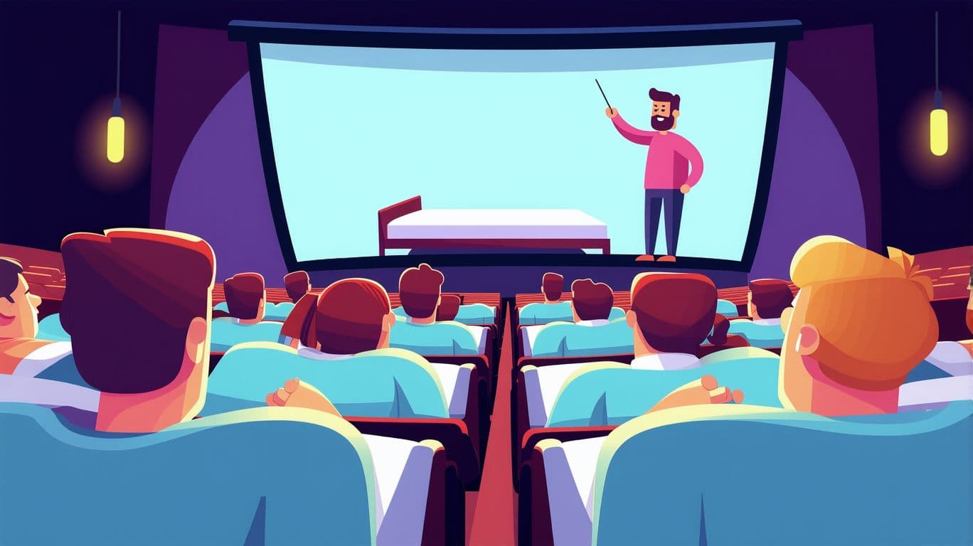 AI generated: People in beds in a movie theater are looking at the screen. And on the screen, a teacher with a poi...