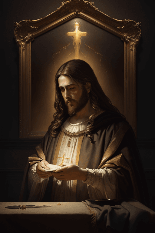 AI generated: breathtaking soft Jesus Christ painting, a golden sky, genre oil painting, Rembrandt style, elegant,...